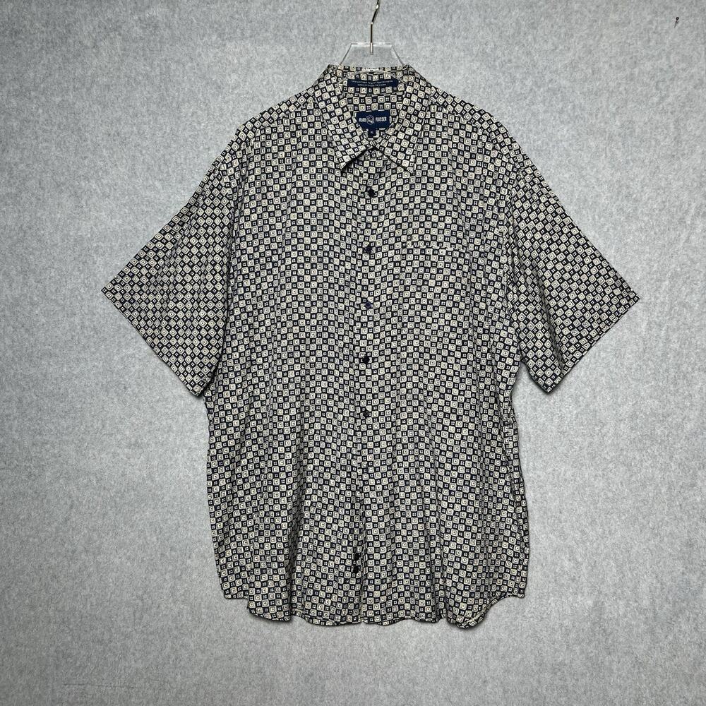 Alan Flusser Mens XL Silk Cotton Geometric Button Up Shirt Short Sleeve Blue